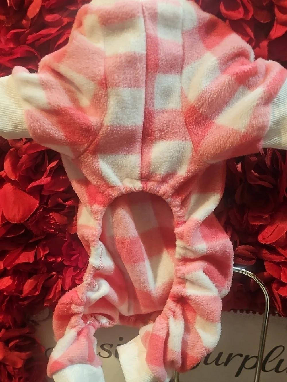 Pink and White NWOT Checkered Plush Dog Romper S/M